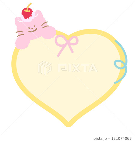 Cute illustration of cat, cherry and pastel yellow heart shaped blank space for insert text, message, name tag, text bubble, sticker, animal, pet, memo note, sticky note, notepad, paper, sweet dessert 121074065