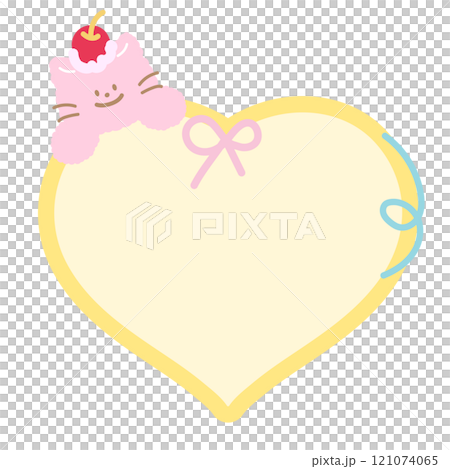Cute illustration of cat, cherry and pastel yellow heart shaped blank space for insert text, message, name tag, text bubble, sticker, animal, pet, memo note, sticky note, notepad, paper, sweet dessert 121074065