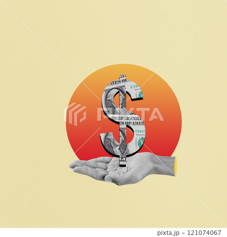Human hands show a dollar sign on his palm with a colored background 121074067