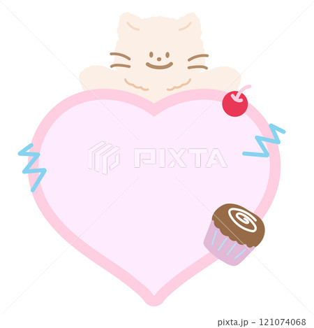 Cute illustration of cat, cherry, cupcake and pastel pink heart shaped blank space for insert text, message, name tag, text bubble, sticker, animal, pet, sticky note, notepads, paper, sweet dessert Cute illustration of cat, cherry, cupcake and pastel pink heart shaped blank space for insert text, message, name tag, text bubble, sticker, animal, pet, sticky note, notepads, paper, sweet dessert 121074068