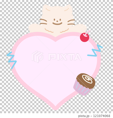 Cute illustration of cat, cherry, cupcake and pastel pink heart shaped blank space for insert text, message, name tag, text bubble, sticker, animal, pet, sticky note, notepads, paper, sweet dessert Cute illustration of cat, cherry, cupcake and pastel pink heart shaped blank space for insert text, message, name tag, text bubble, sticker, animal, pet, sticky note, notepads, paper, sweet dessert 121074068