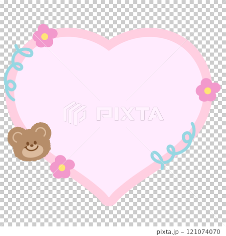 Cute illustration of teddy bear, flowers and pastel pink heart shaped blank space for insert text, message, name tag, text bubble, sticker, animal, memo note, sticky note, notepads, zoo, souvenir shop Cute illustration of teddy bear, flowers and pastel pink heart shaped blank space for insert text, message, name tag, text bubble, sticker, animal, memo note, sticky note, notepads, zoo, souvenir shop 121074070
