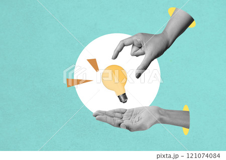 A human hand gives a bright light bulb on a colored background 121074084