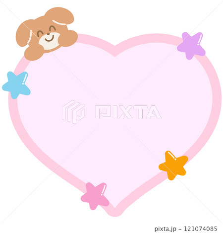 Cute illustration of puppy, stars and pastel pink heart shaped blank space for insert text, message, name tag, text bubble, sticker, animal, pet shop, memo note, sticky note, notepads, paper Cute illustration of puppy, stars and pastel pink heart shaped blank space for insert text, message, name tag, text bubble, sticker, animal, pet shop, memo note, sticky note, notepads, paper 121074085