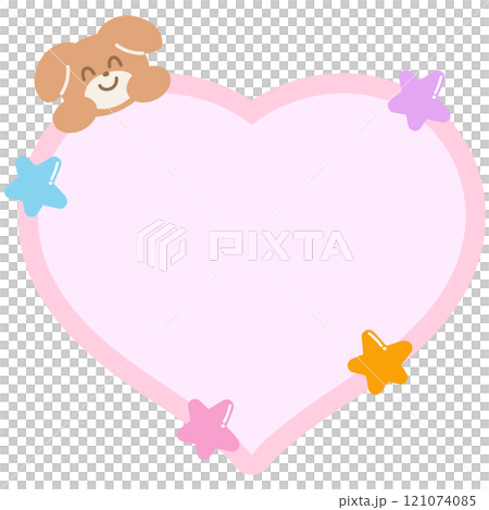 Cute illustration of puppy, stars and pastel pink heart shaped blank space for insert text, message, name tag, text bubble, sticker, animal, pet shop, memo note, sticky note, notepads, paper Cute illustration of puppy, stars and pastel pink heart shaped blank space for insert text, message, name tag, text bubble, sticker, animal, pet shop, memo note, sticky note, notepads, paper 121074085