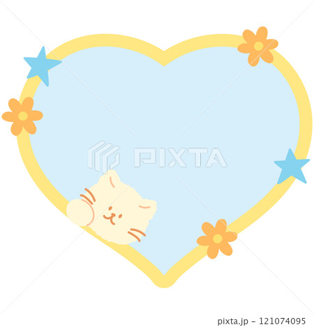 Cute illustration of cat, stars, flowers and pastel blue heart shaped blank space for insert text, message, name tag, text bubble, sticker, animal, pet shop, memo note, sticky note, notepads, paper 121074095