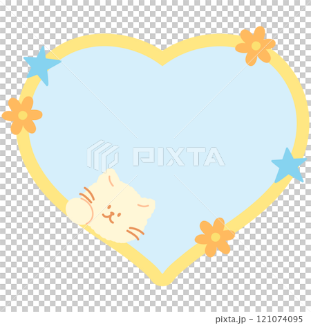 Cute illustration of cat, stars, flowers and pastel blue heart shaped blank space for insert text, message, name tag, text bubble, sticker, animal, pet shop, memo note, sticky note, notepads, paper 121074095