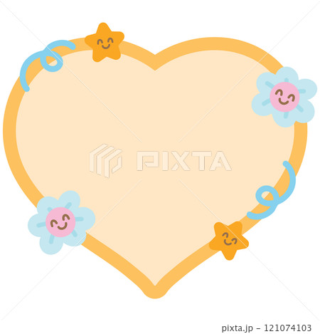 Cute illustration of flowers, star, pastel orange heart shaped blank space for insert text, message, name tag, text bubble, sticker, memo note, sticky, notepads, paper, floral print, nature, garden 121074103