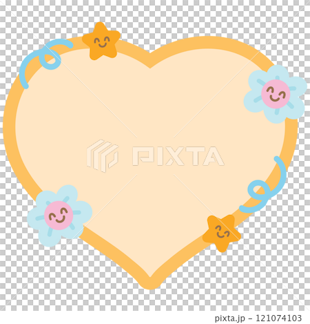 Cute illustration of flowers, star, pastel orange heart shaped blank space for insert text, message, name tag, text bubble, sticker, memo note, sticky, notepads, paper, floral print, nature, garden 121074103