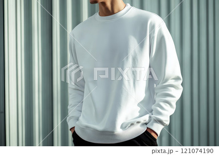 Mockup of a man wearing a plain white sweater t-shirt isolated on a white background, Ai generated . 121074190