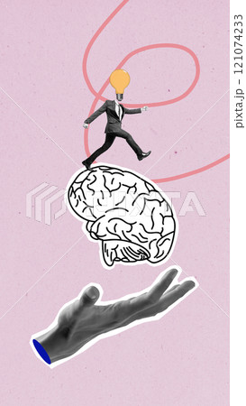 A businessman with a lightbulb head walking on the human brain with a colored background A businessman with a lightbulb head walking on the human brain with a colored background 121074233