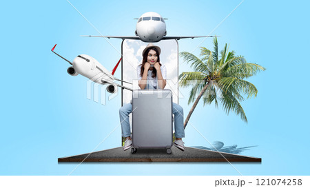 Portrait of woman in hat sitting on suitcase with flying commercial airplane in the sky through mobile phone screen background Portrait of woman in hat sitting on suitcase with flying commercial airplane in the sky through mobile phone screen background 121074258