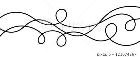 Thin squiggly lines. Wavy wiggle stripe pattern decoration. Curvy thread, string or yarn strikes for ornament, decor, separate, divider. Tangled squiggle linear doodle shapes. Vector 121074267