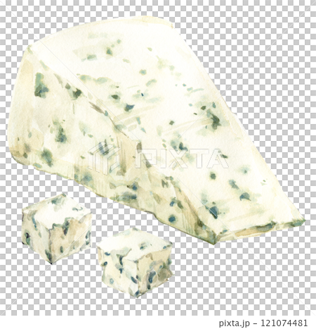 Piece of blue cheese with mold. Dairy product with specific smell. Watercolor illustration of a deagonal piece of cheese of investment Italian cheese Gorgonzola. Clipart for design of farm product. 121074481