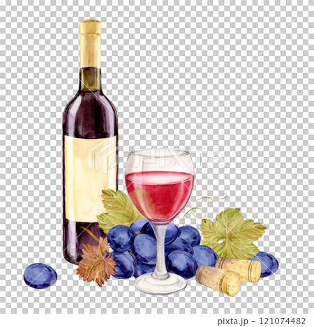 Watercolor red wine bottle with old paper label. Hand drawn clipart of alcoholic drink for party and event. Illustration for tasting, menu, cafe, bar, posters and wine list design. 121074482