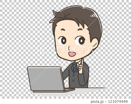 Illustration of a businessman pointing at a computer Illustration of a businessman pointing at a computer 121074499