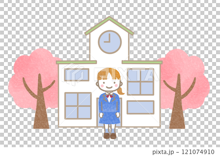 Students in uniform standing in front of the school 121074910