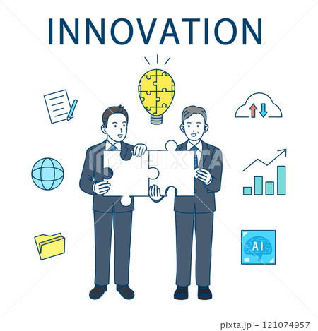 イノベーションを推進するビジネスパーソンのイラストセット イノベーションを推進するビジネスパーソンのイラストセット 121074957