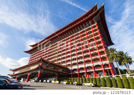Low angle view of the Grand Hotel Taipei on a sunny day in Taiwan. This is a Magnificent Chinese-style palace building. 121076123
