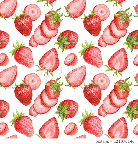 Strawberry background on a white background. Watercolor seamless texture of ripe red berries for summer cover, botanical wallpaper pattern, product packaging, textile. 121076146