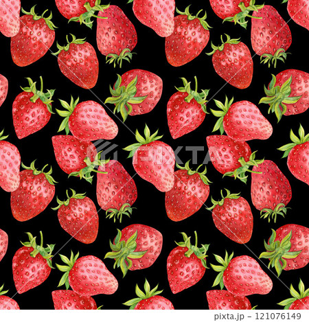 Strawberry background on a black background. Watercolor seamless texture of ripe red berries for summer cover, botanical wallpaper pattern, product packaging, textile. 121076149