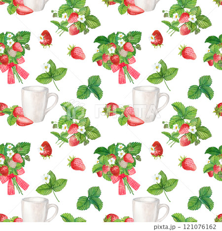 Seamless pattern with red strawberries on a white background. Watercolor illustration for textile, wrapping paper. Bright background with farm ripe berries. 121076162