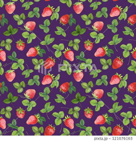 Seamless pattern with red strawberries on a violet background. Watercolor illustration for textile, wrapping paper. Bright background with farm ripe berries. Seamless pattern with red strawberries on a violet background. Watercolor illustration for textile, wrapping paper. Bright background with farm ripe berries. 121076163