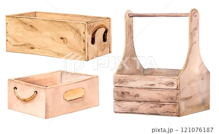 Wooden boxes in the Provence style. Watercolor clipart on a white background. Hand-drawn illustration, retro design. A set of items for storage. 121076187