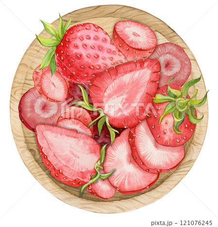 Ripe strawberries on a wooden plate, watercolor illustration. Bowl with farm berries, top view. Healthy eco food. ingredient for tea, yogurt, baking. farm product. 121076245