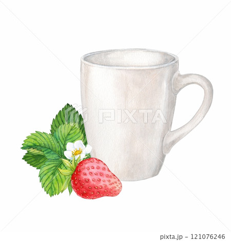 White cup with ripe strawberries. Watercolor illustration on a white background. Composition for packaging tea, yogurt. 121076246