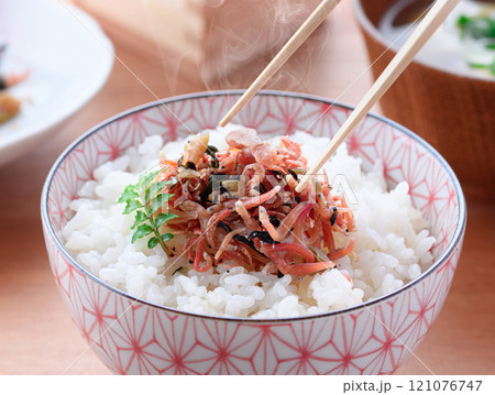 ほかほかご飯にのせた梅入りちりめんじゃこ ほかほかご飯にのせた梅入りちりめんじゃこ 121076747