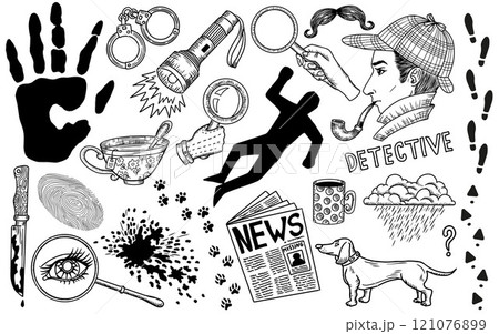 Hand drawn design set with cartoon detective and crime investigation symbols. Vector line art illustration with engraved retro objects and elements isolated on white. Discovery concept Hand drawn design set with cartoon detective and crime investigation symbols. Vector line art illustration with engraved retro objects and elements isolated on white. Discovery concept 121076899