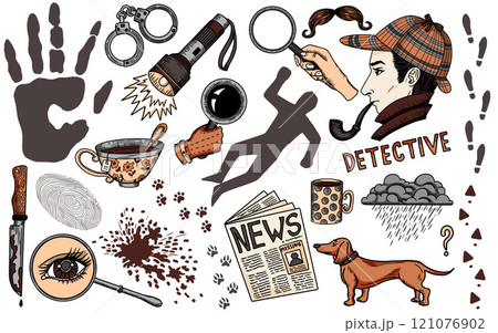 Hand drawn colorful design set with cartoon detective and crime investigation symbols isolated on white. Vector line art illustration with engraved retro objects and elements, stickers collection 121076902