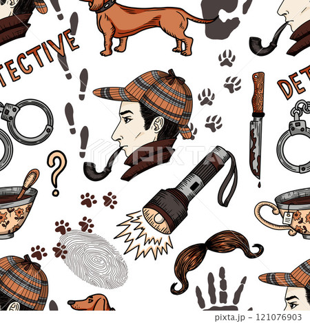 Colorful seamless pattern with cartoon detective and crime investigation symbols. Vector line art illustration with engraved retro objects and elements on white. Discovery concept Colorful seamless pattern with cartoon detective and crime investigation symbols. Vector line art illustration with engraved retro objects and elements on white. Discovery concept 121076903