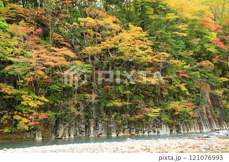 紅葉に染まる松川渓谷玄武岩 121076993