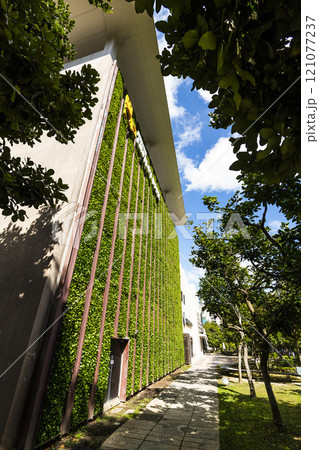 Low-angle view of the Mitsui Outlet Park Linkou in New Taipei City, Taiwan. It is Mitsui Fudosan's third overseas base. Low-angle view of the Mitsui Outlet Park Linkou in New Taipei City, Taiwan. It is Mitsui Fudosan's third overseas base. 121077237