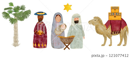 Holy family, wise men, camel with gifts Christmas border digital watercolor. Hand painted art for table cloth or runner, tape, celebration of true Christmas, decoration. Cute minimalistic clip art Holy family, wise men, camel with gifts Christmas border digital watercolor. Hand painted art for table cloth or runner, tape, celebration of true Christmas, decoration. Cute minimalistic clip art 121077412