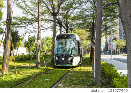 The circular light rail train drives past the Kaohsiung Museum of Fine Arts station in Taiwan. The circular light rail train drives past the Kaohsiung Museum of Fine Arts station in Taiwan. 121077449