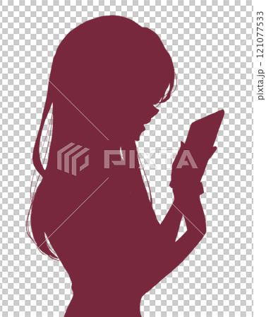 Silhouette of a woman happily touching her smartphone Silhouette of a woman happily touching her smartphone 121077533