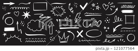 Line hand drawn marker arrow, heart, text highlight brush shape element chalkboard. Hand drawn sketch marker underline shape, arrow, star scribble brush pen stroke element. Vector 121077564