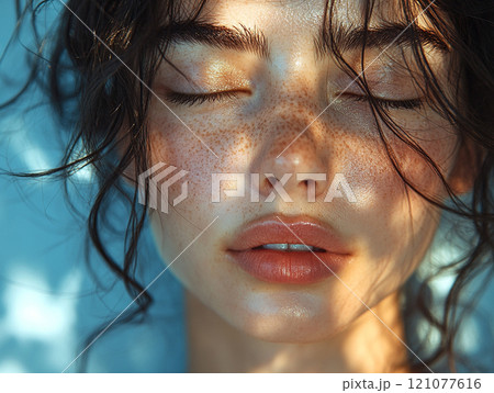 陽光の中でリラックスする自然体で美しい女性 陽光の中でリラックスする自然体で美しい女性 121077616