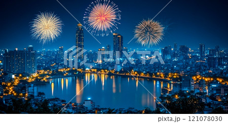 A view of a large metropolis lighting up fireworks to celebrate Christmas and New Year 121078030
