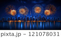 A view of a large metropolis lighting up fireworks to celebrate Christmas and New Year 121078031