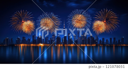 A view of a large metropolis lighting up fireworks to celebrate Christmas and New Year 121078031