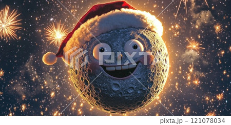 Imaginary image of the moon smiling happily in celebration of Christmas and Happy New Year 121078034