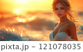 A beautiful female tourist in a light white dress walks along the beach. 121078035