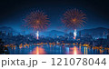 A view of a large metropolis lighting up fireworks to celebrate Christmas and New Year 121078044