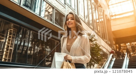 Beautiful young model is shopping in a large department store. 121078045
