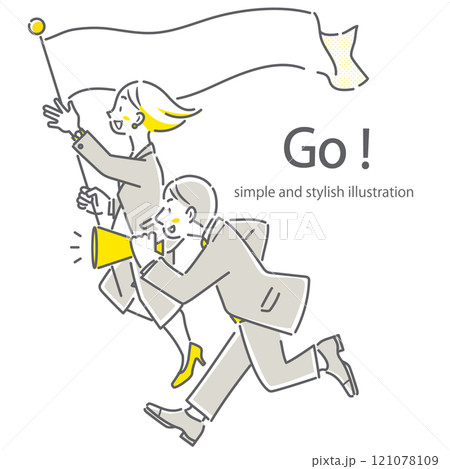 応援するポジティブなビジネスパーソン　シンプルでお洒落な線画イラスト 121078109