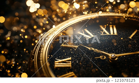 A luxurious gold and black New Year countdown clock surrounded by sparkling lights, symbolizing elegance 121078125